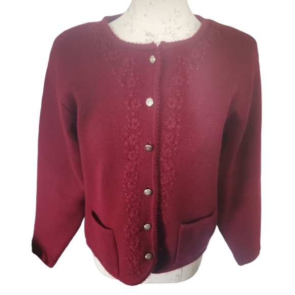 Vintage Tally Ho Women’s Maroon Button Front Floral Cardigan Sweater Size M - Picture 1 of 11